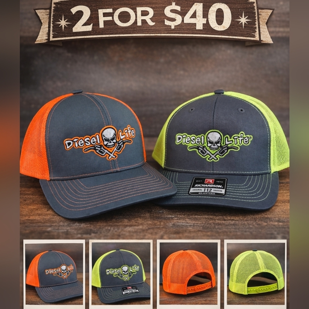 2 Diesel Life Trucker Hat Richardson 112 Snapback Gray Neon/Orange Mesh